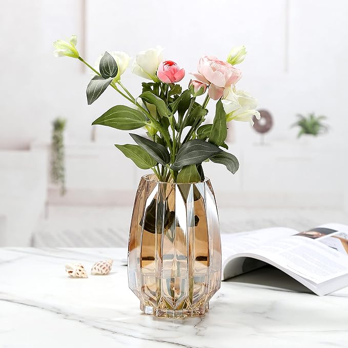 Glass Vase - Modern Ribbed Glass Vase for Flowers, Candles, and Decorative Accents -Black Grey, Amber, Clear and Colored Tall/Short Glass Vase for Centerpieces Home Table Decor (Amber, H-7.87inch)