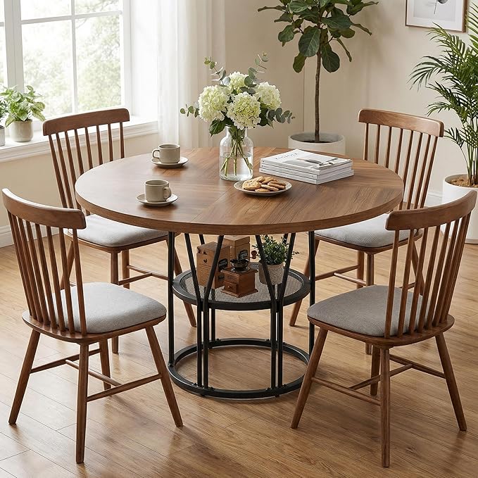 Garvee Round Dinning Table for 4-6 - 47" Circle Dinner Table with Storage Shelf & Sturdy Metal Frame, Modern Breakfast Tea Tray for Kitchen, Living Room, Apartment, Office, Brown