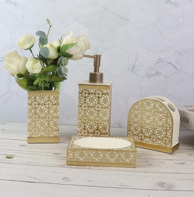 Hymmah Gold Bathroom Accessories Set,Farmhouse Bathroom Decor,4 Pcs Resin Gift Set Apartment Necessities, Contain Cotton Swab Jar,Soap Dispenser,Tumbler，Soap Dish/Tray
