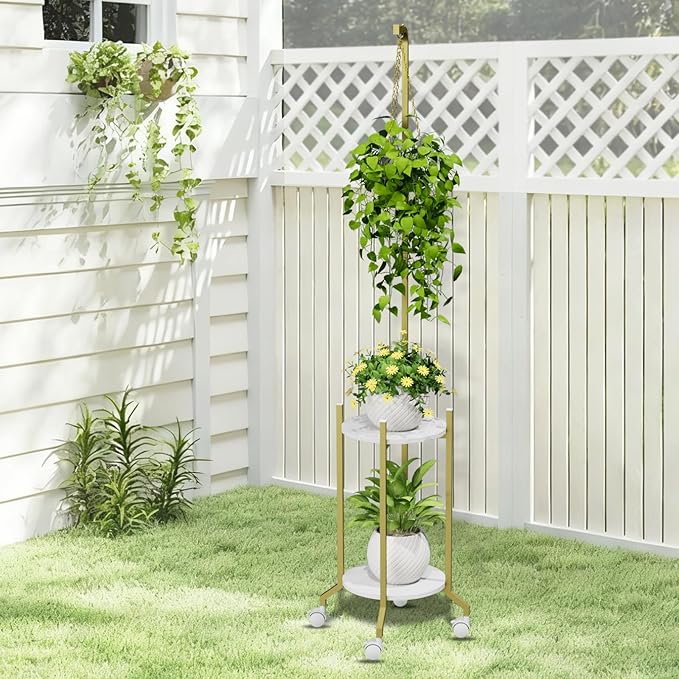 VyGrow Plant Stand Indoor, 2 Tier Hanging Tall Plant Shelf with Wheels, 3 Potted Corner Flower Stand Metal Plant Holder, Plant Shelves for Living Room, Bedroom, Patio, Outdoor, Gold