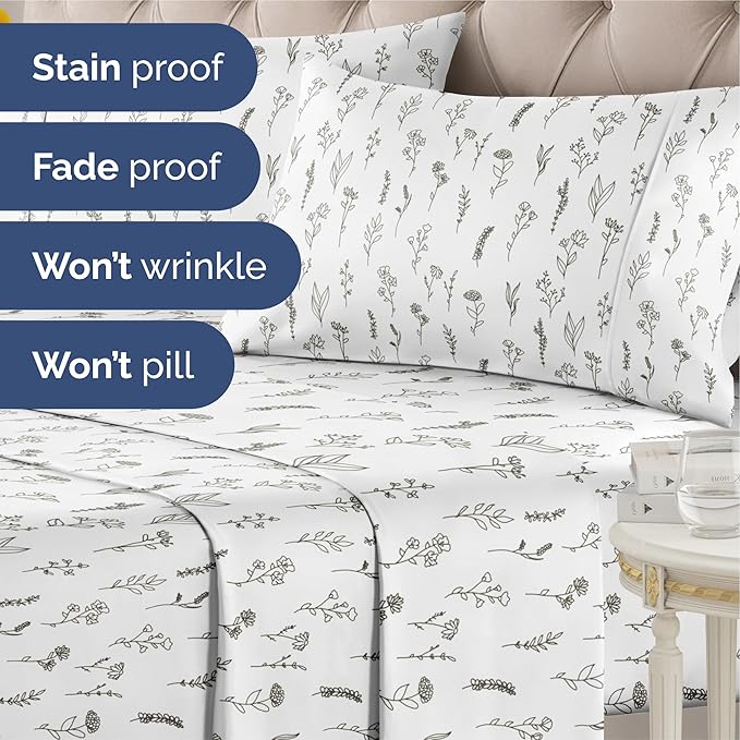 Floral Sheets - Black & White Floral Bed Sheet Set - 1 Flat, 1 Fitted & 2 Pillowcases w/ Deep Pockets - Wrinkle & Fade Free - Boho Botanical Bedding - Ultra-Soft, Breathable & Cooling - Queen Size Set