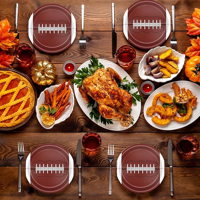 72 Pcs Football Paper Plates and Napkins, Disposable Party Plates and Napkins Tableware Set for Sports Birthday Party and Baby Shower, Serves 24
