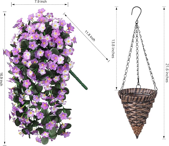 Artificial Faux Fall Hanging Mums Flowers Plants Baskets for Outdoor Outside, Fake Silk Light Fuchsia Daisy Orchid Trailing Vines in Planter Realistic UV Resistant for Balcony Porch Decor