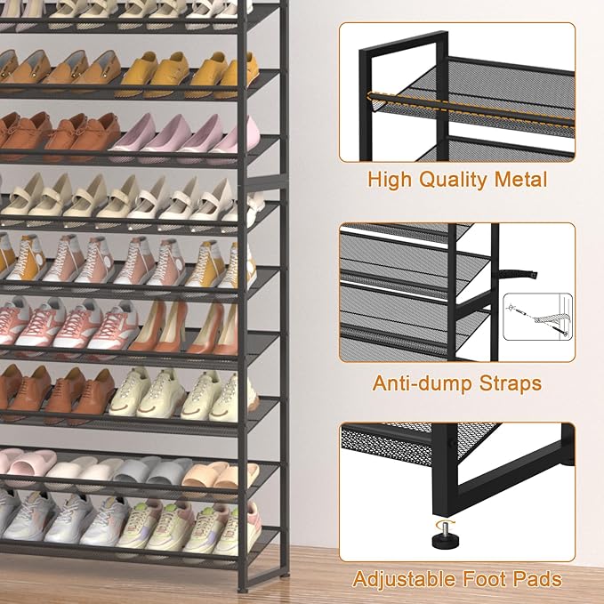 NEYCIL Large Shoe Rack 12 Tier Shoe Organizer, Heavy Duty Metal 6-Tier Stackable Shoe Storage Vertical Shoe Rack for Closet Front Door Entrance, Up to 75 Pairs, 44.8" W x 11.4" D x 85.1" H, Black