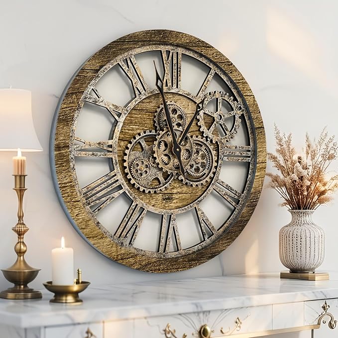 ImprovingLife The Gears Clock The Original Real Moving Gear Wall Clock Vintage Industrial Oversized Rustic Farmhouse (24 inch (60cm),Gold Antique)