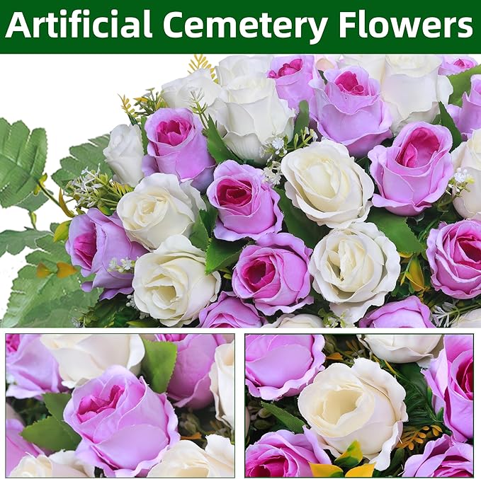 Artificial Cemetery Flower Saddles, Rose Headstone Flower Saddle Outdoor Grave Decorations,Cemetery Memorial Flowers with Vase for Grave Tombstone Decorations (Purple with white, Saddle)