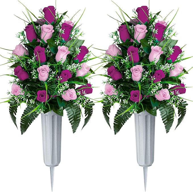 Artificial Cemetery Flowers - Set of 2 Grave Memorial Rose Flowers with Vase for Cemetery Headstones Gravesites Decoration (Purple & Pink)