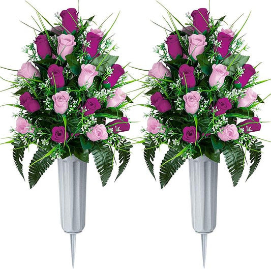 Artificial Cemetery Flowers - Set of 2 Grave Memorial Rose Flowers with Vase for Cemetery Headstones Gravesites Decoration (Purple & Pink)