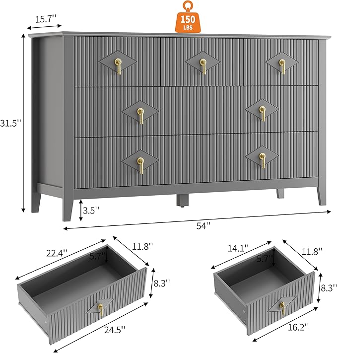 GarveeHome Fluted Dresser for Bedroom, 54 Inch Wide 7-Drawer Wood Dresser, Modern Chest of Drawers, Storage Organizer Cabinet for Living Room, Hallway, Entryway, Grey