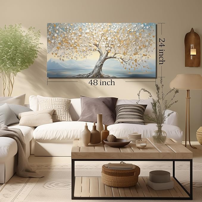 JuhaiArt Tree Canvas Art White Wall Decorations Light Blue Wall Picture for Living Room Bedroom Home Office Gold Artwork Art 24" x 48"