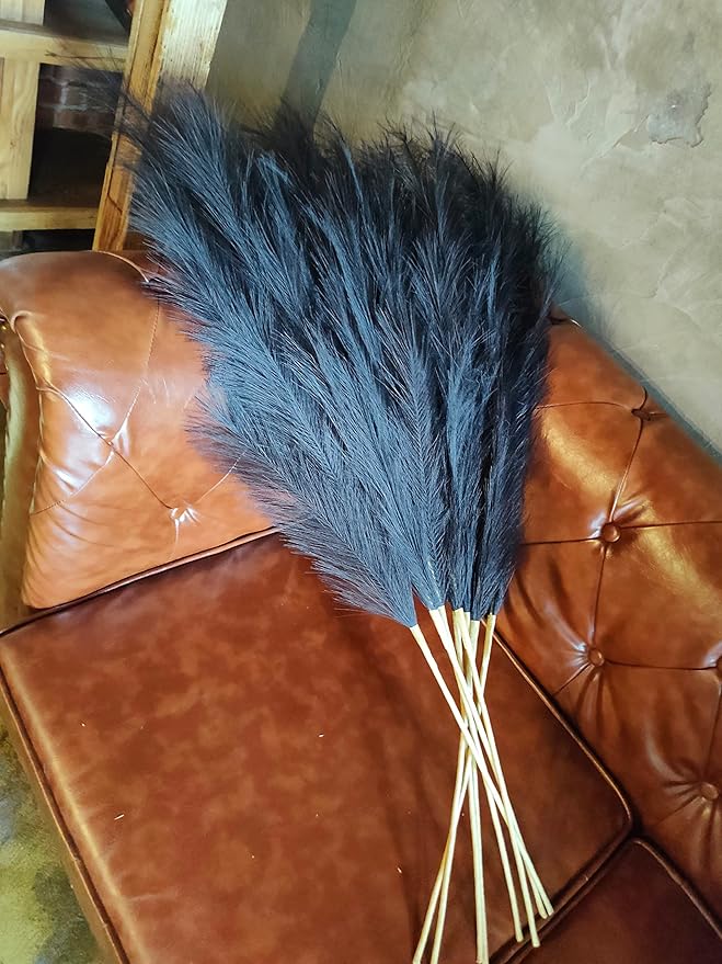 Premium Faux Pampas Grass Decor Tall & Fluffy, No Assembly Needed Long Pampas, Luxury Large Floral, Elegant Feather Flowers for Wedding Decorations (Faux Black, 8pcs 43.3"(110cm))