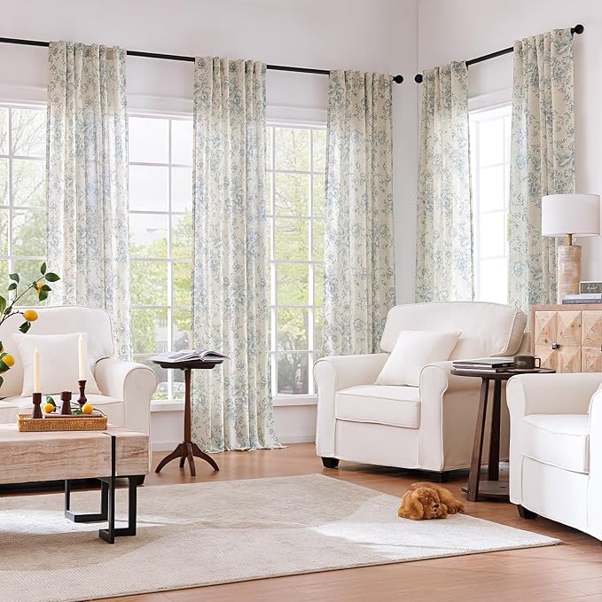 jinchan Linen Blend Curtain Floral Curtains for Living Room 96 Inch Length Blue Printed Curtain Back Tab Farmhouse Peony Flower Patterned Drapes Bedroom Window Curtains Set 2 Panels