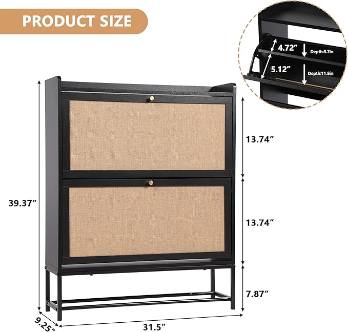 LEVNARY Shoe Storage Cabinet with 2 Flip Drawers, Wooden Narrow Shoe Cabinet Storage for Entryway, Freestanding Shoe Rack Organizer Cabinet with Metal Legs for Hallway (1, Black)
