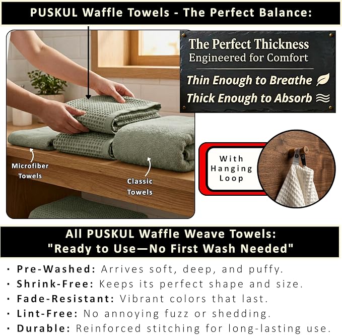 PÜSKÜL Natural 100% Turkish Cotton Waffle Bath Towels Set of 2-Piece | 32x63 inch Extra Large Absorbent Quick-Dry Lightweight Spa Towel | Luxury Sauna Accessories (Sage Green, Bath Towels - Pack of 2)