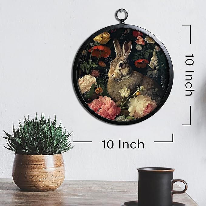 XIAOAIKA Vintage Wall Art with Metal Frame, Round Wood Print Featuring Rabbit Among Flowers, Boho Wall Decor for Living Room, Bedroom, Kitchen, Hallway, 10 Inch