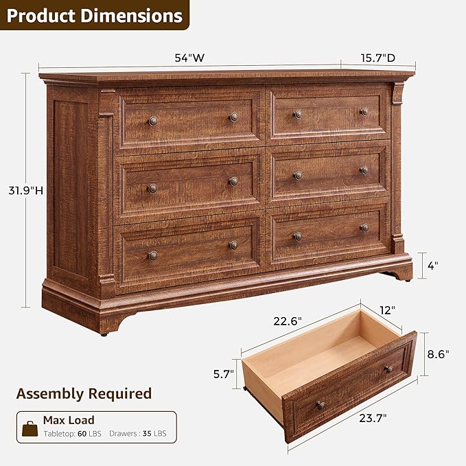 Farmhouse 6 Drawers Dresser for Bedroom, 54" Wide Large Dressers & Chests of Drawers w/Roman Column, Wooden Dresser TV Stand with Large Drawers for Bedroom Living Room Hallway,Reclaimed Barnwood