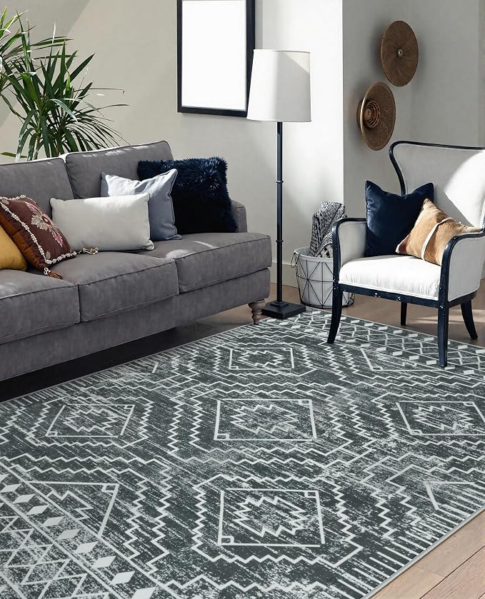 Wonnitar Moroccan 6x9 Area Rugs, Washable Grey Rugs for Living Room, Large Soft Bedroom Throw Rug, Non-Slip Stain Resistant Thin Boho Floor Carpet for Dining Room Home Office Decor (Dark Grey,6'x9')