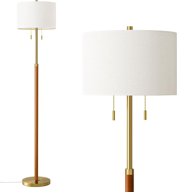 61" Mid Century Modern Floor Lamps for Bedroom Wood Floor Lamp for Living Room 2-Light Standing Tall Lamps Office Corner Nursery Reading Room Industrial Lamp, 3 Color Temperatures 9W Bulbs Included
