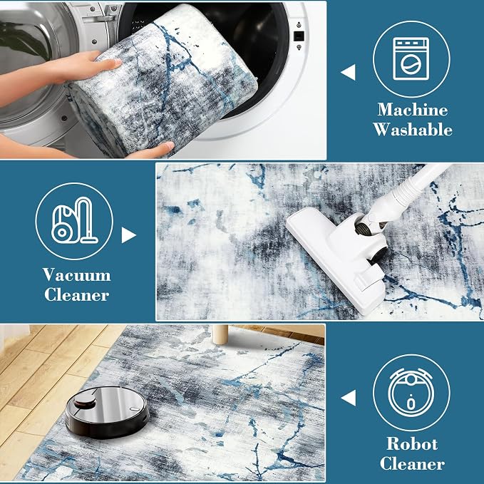 Area Rug 6x9 Washable Modern Abstract Rug for Living Room Water Ink Abstract Small Accent Carpets Low Pile Soft Bedroom Floor Covers Non Shedding Office Carpet Mat for Porch Kitchen， Blue