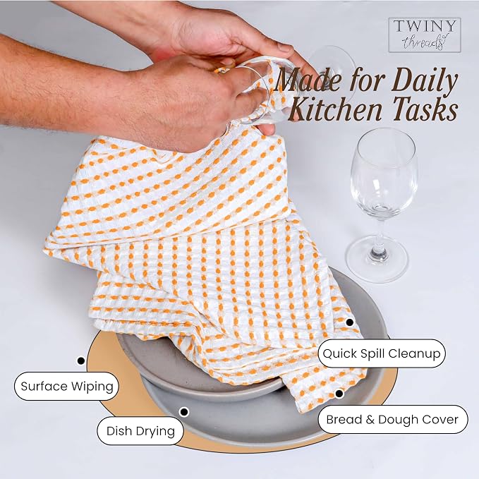 TWINY threads Multi Colors White Waffle Towels 4 Pack, 16x26 Inches Absorbent Waffle Weave Kitchen Dish Cloth Set, Soft, Durable & Machine Washable Tea Towel, Light Grey, Rust, Mustard Yellow, Black