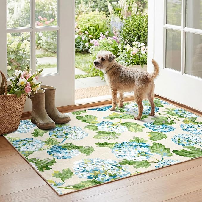 Floral Outdoor Rug - 28" x 43" Front Door Mat Indoor Outside Entrance Non-Slip Washable Outdoor Mat Light Blue Green Flower Rug for Entryway Kitchen Bedroom Layered Doormat for Front Porch