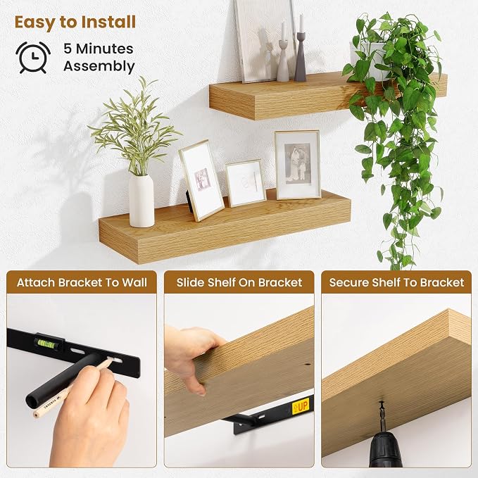 Fun Memories Floating Shelves Bathroom for Wall Mounted Shelves, 20 Inch Wood Shelf Set of 2, Home Storage & Display Decor, Oak