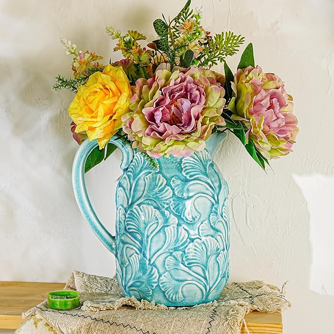 Sungmor Embossed Ceramic Pitcher Vase, Decorative Blue Farmhouse Ceramic Pitcher for Flowers, Vintage Textured Vase for Table, Kitchen & Home Decor, 8 Inch with Ice Crackle Glaze Finish