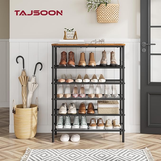 Tajsoon 6 Tier Free Standing Shoe Rack for 20-24 Pairs, X Shape Fixed Frame Metal Mesh Shoe Rack for Closet, Rustic Brown & Black