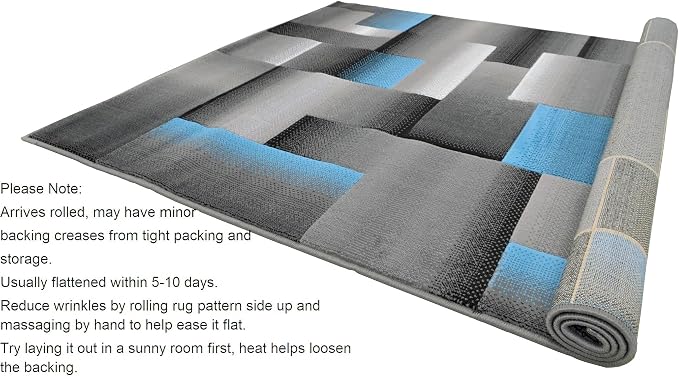 HR 5’ x 7’ Rug in Blue - Premium Quality Blue/Black/Gray Abstract Geometric Modern Squares Pattern Area Rug - Contemporary Styling for Living Room, Bedroom - Unique Home Décor