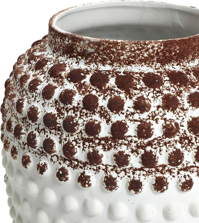 LuxenHome Ceramic Flower Vase,Rustic Decorative Vase for Home Decor,Vintage White and Brown Beaded 12-Inch Tall Urn Vase Shelf Decor Room Decor Entry Way Table Home Decor