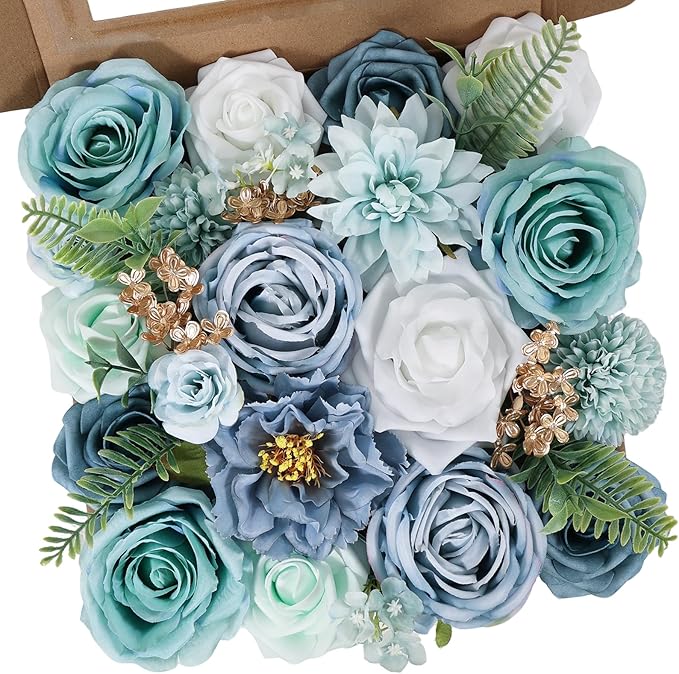 Artificial Flowers Combo Box Set Green Blue Bouquet Flowers for Wedding Centerpieces Arrangements Bridal Shower Party Decorations Fake Floral for Home