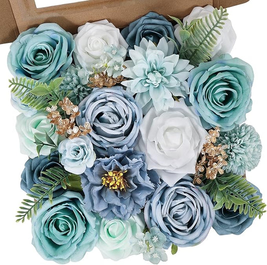Artificial Flowers Combo Box Set Green Blue Bouquet Flowers for Wedding Centerpieces Arrangements Bridal Shower Party Decorations Fake Floral for Home