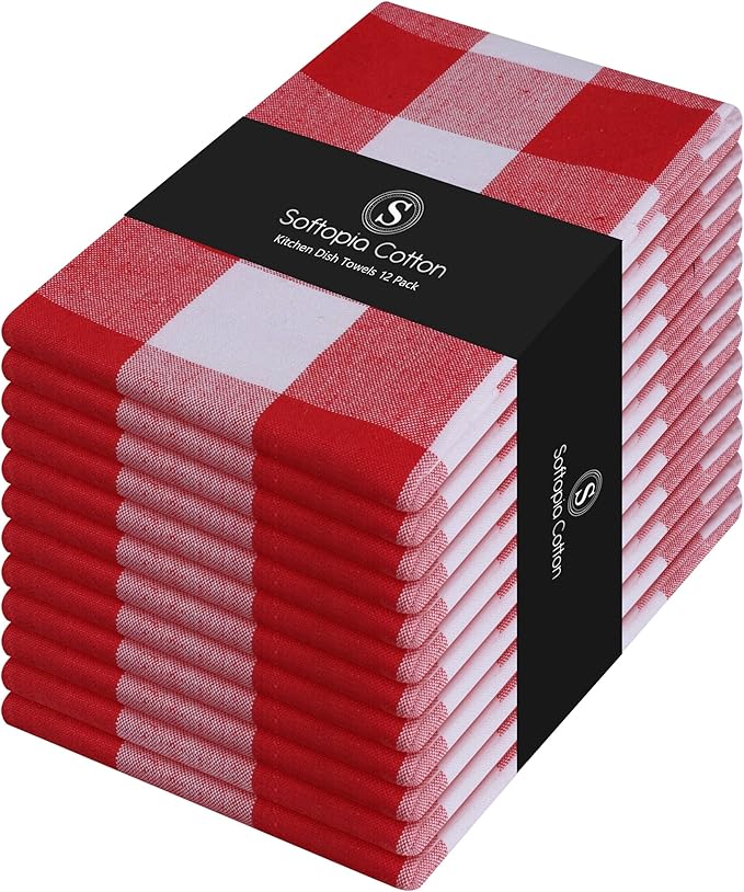 Red Buffalo Check Plaid Kitchen Towels, 12 Pack, 100% Cotton, 16x26 Inches, Super Absorbent, Quick Dry, Soft, Lint-Free, Dish Drying & Cleaning Towels with Hanging Loop, Red and White