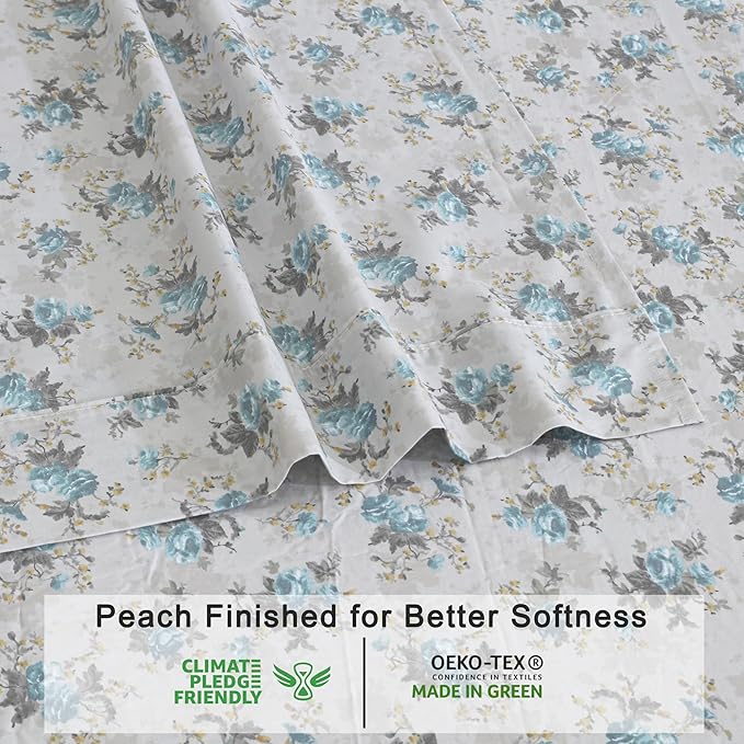 RUVANTI 100% Organic Cotton Sheets Split King, Percale Weave, GOTS Certified, 5-Piece Set, Deep Pocket 15", Crisp & Breathable, Soft Durable Bedding, Sábanas Algodón Orgánico – Blue Rose