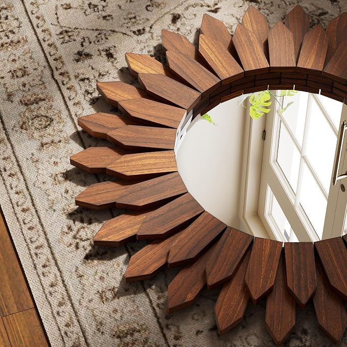 Boho Wood Sunburst Round Wall Mirror, 20 Inch Rustic Circle Wooden Frame Decorative Mirror for Farmhouse Coastal Home, Home Wall Decor for Living Room Entryway Bedroom, Walnut