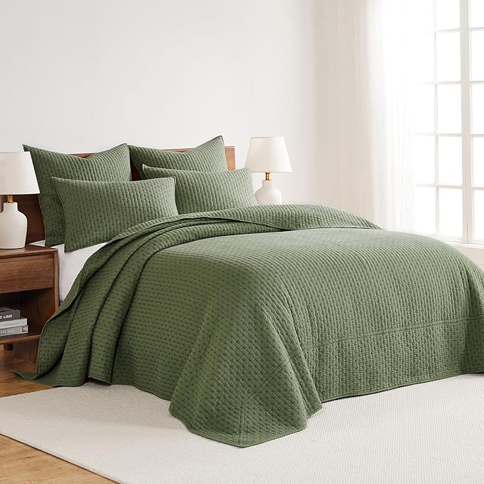 Levtex Home Cross Stitch Reversible King Bedspread Set (120x104in) with 2 Pillow Shams (36x20in) - Stitch Texture - Forest Green - Cotton King Size Bedspread Set - Soft, Pre-Washed