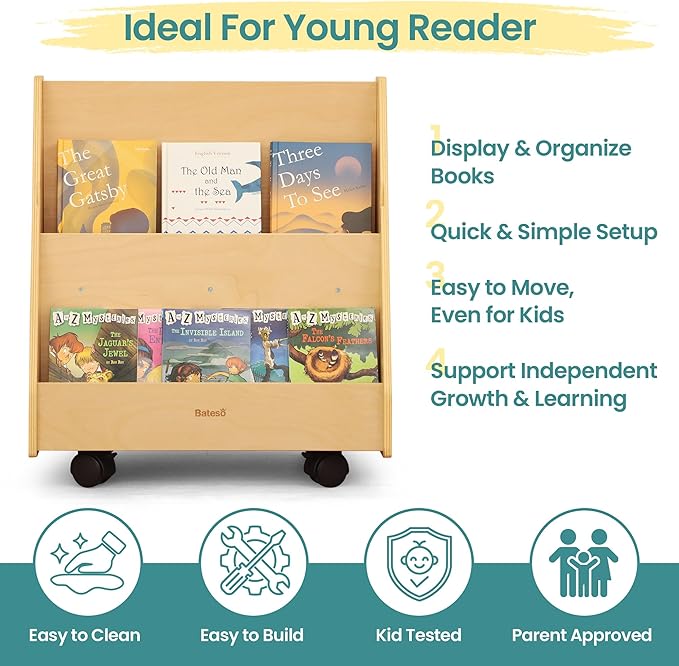 Double-Sided Kids Bookshelf, Premium Book Shelf for Kids Rooms, Toddler Book Rack Organizer with Wheels, Wooden Montessori Bookshelf & Book Storage Display for Classroom, Preschool, Nursery