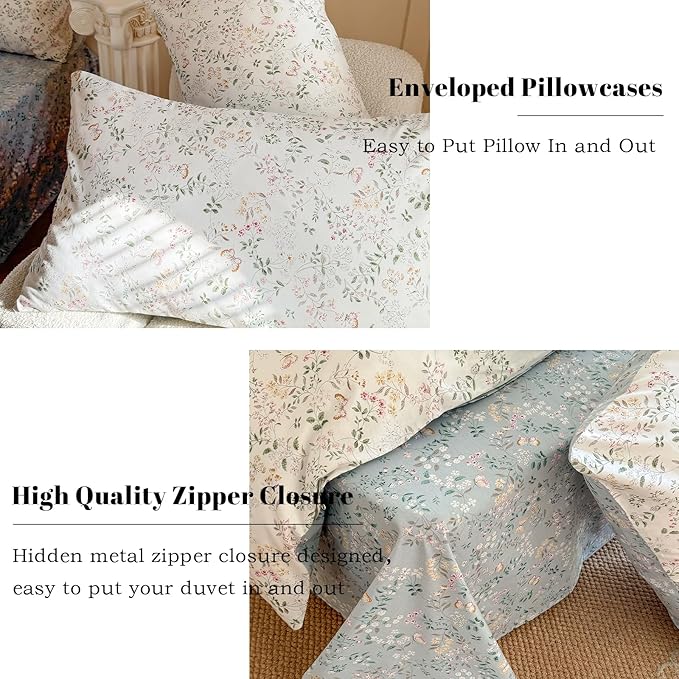 EAVD Garden Vibrant Floral Duvet Cover Full White Soft 100% Cotton Chic Shabby Spring Floral Bedding Set with 2 Pillowcases Reversible Botanical Print Duvet Cover with Zipper Closure