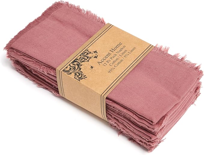 ACCENTHOME Blush Cotton Linen Napkin Set of 12 18x18 inch Dinner Napkins - Washable Soft Premium Hotel Quality Reusable Hemmed Edges Napkins Perfect Table Linens for Family Dinners, Weddings