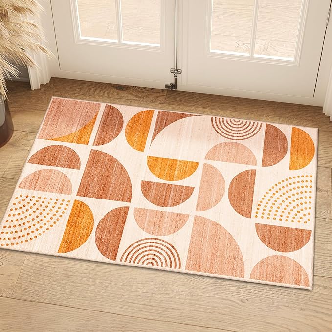 MUJOO Boho Small Rug Washable,2x3 Area Rugs for Entryway Bathroom Entry Entrance Bedroom Kitchen,Front Door Mat Soft Throw Carpet Non Slip Indoor Modern Abstract Bohemian Orange