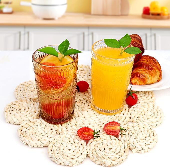 Loivttvv 6pcs Vintage Drinking Glasses Set, 12 oz Amber Highball Glasses, Embossed Ribbed Glassware Cups for Thanksgiving Cocktail, Juice, Whiskey
