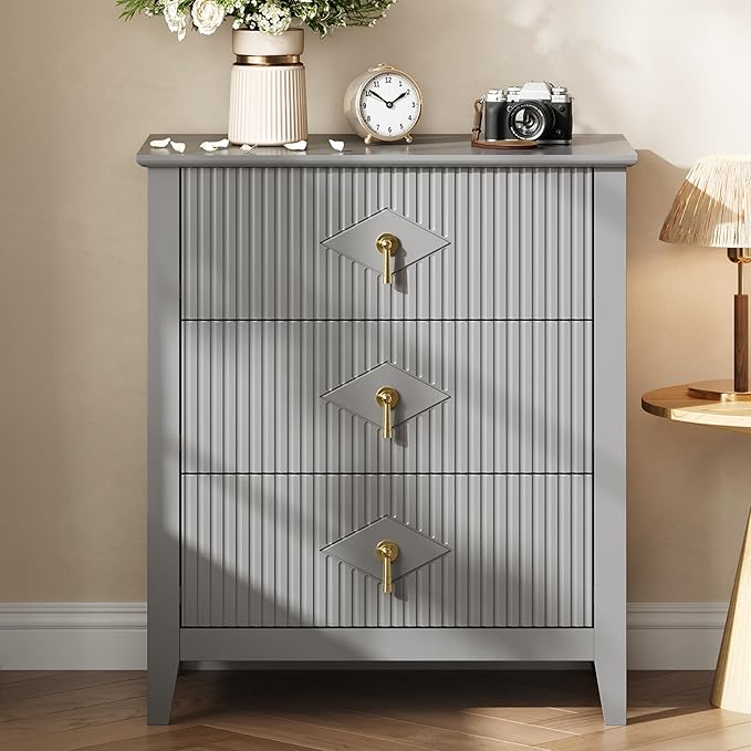 GarveeHome Wood Nightstand Fluted Dresser for Bedroom, 27.5" Wide 3-Drawer Bedside Tables, Modern Chest of Drawers, Storage End Table Living Room, Hallway, Entryway, Grey