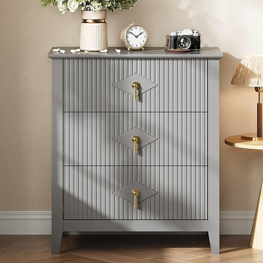 GarveeHome Wood Nightstand Fluted Dresser for Bedroom, 27.5" Wide 3-Drawer Bedside Tables, Modern Chest of Drawers, Storage End Table Living Room, Hallway, Entryway, Grey