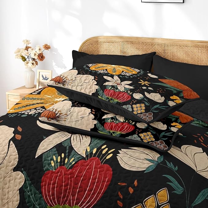 Quilt Set King Size, Black Tropical Floral 3 Pcs Soft Bed Cover Bedding Set, Farmhouse Botanical Lightweight Bedspread Coverlet with 2 Pillow Sham for All Season