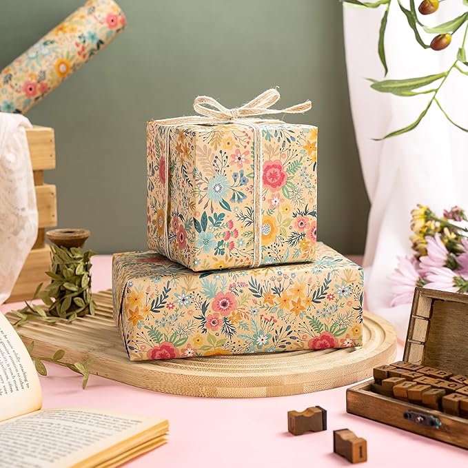 WRAPAHOLIC 30 Inch Kraft Floral Wrapping Paper Roll - 30 Inch x 33 Feet - Spring Summer Garden Flower Design Perfect for Wedding, Bridal Shower, Birthday