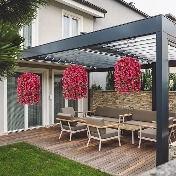 Artificial Fake Hanging Flowers Plants Baskets for Outdoor Outside Porch Decoration, Faux Silk Hotpink Realistic UV Resistant Orchid Long Vines in Planter for Spring Summer Home Patio Balcony