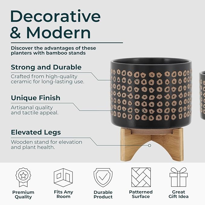 Set of 2 Ceramic Planters with Bamboo Stand Plant – Plant Stand Indoor Display Greenery, Living Room & Outdoor Decor – Aztec Pattern Planters for Collected Home Decor – 10.5" & 7.75"– Brown Black