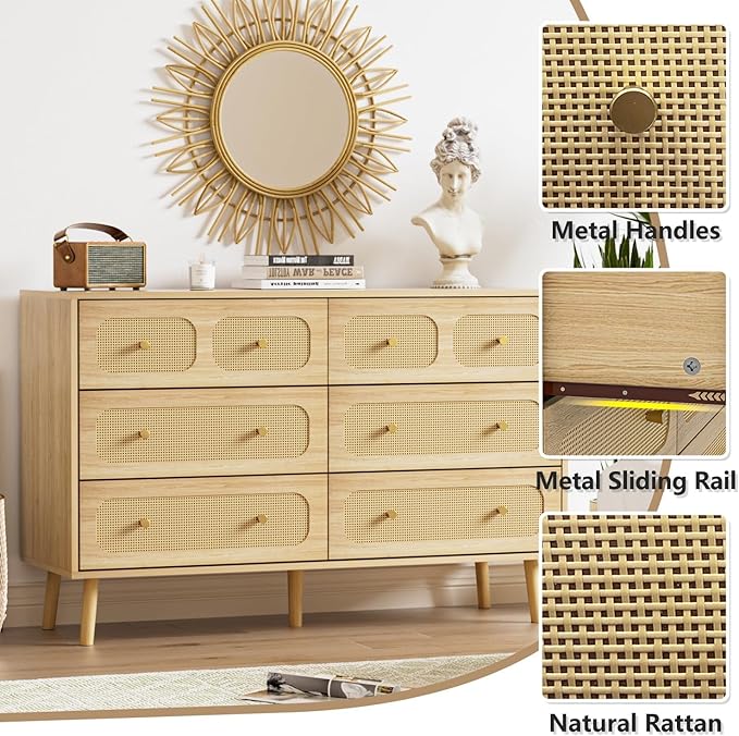 SINROM® Rattan Dresser for Bedroom, Modern 6 Drawer Dresser with Gold Handles, Wood Storage Chest of Drawers for Bedroom, Living Room, Hallway and Entryway, Natural