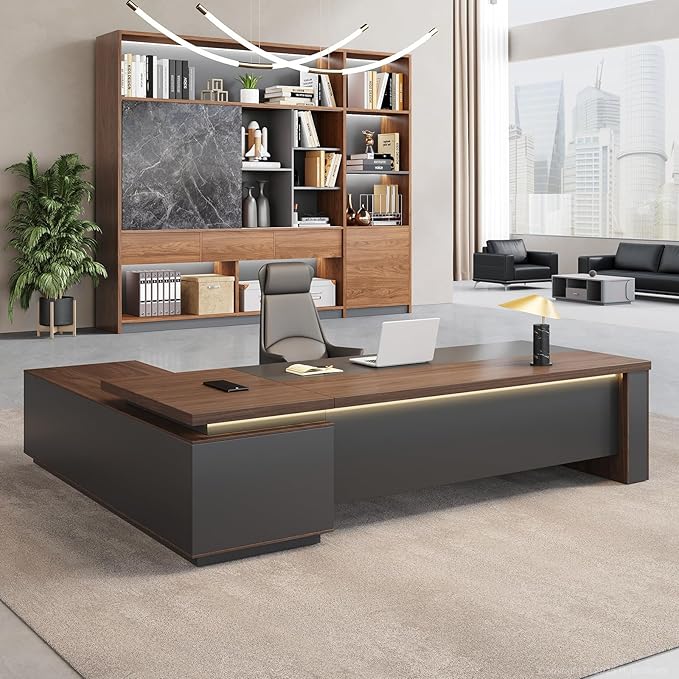 L-Shaped Executive Desk with LED Lights, Lockable Storage & 3-in-1 Charging Station, Reversible Cabinet, Modern Wood Office Desk for CEO, Manager & Home Office(Red Walnut+Black, 63"L*63"W*30"H)