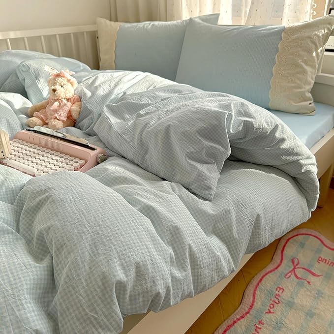 LifeTB Blue Gingham Duvet Cover King 3 Pieces Blue Plaid Comforter Cover with Chic White Lace Soft Microfiber Checkered Grid Duvet Cover with 2 Pillowcases Breathable Gingham Plaid Bedding Set